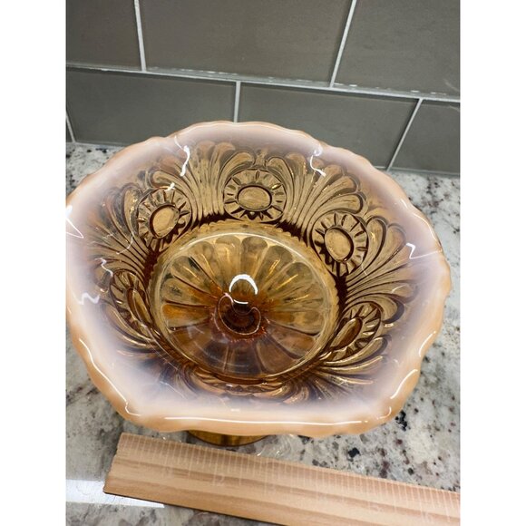 Vitg Fenton Amber Opalescent Glass Compote Candy Dish Cameo Eye & Scroll Design - Picture 8 of 12